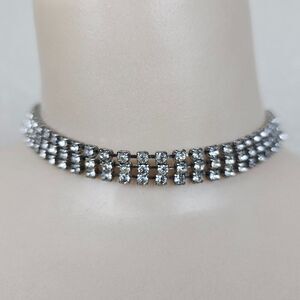 Vintage 3 Row Clear Crystal Rhinestone Collar Choker Necklace Retro 60s 15" Long